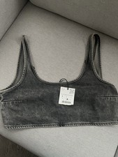 Zara Women’s Black Grey Denim Crop Top, Large, Brand-New With Tag