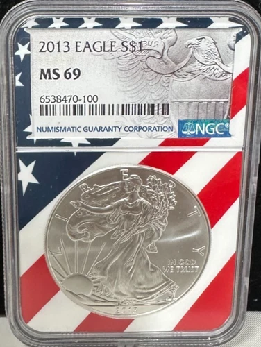 2013 $1 AMERICAN SILVER EAGLE NGC MS69 USA FLAG CORE HOLDER
