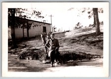 Vtg B&W Snapshot Woman In Coat Near Rural Building 1940s