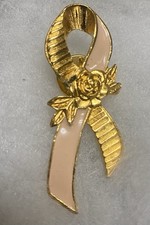 VTG BIG SIGNED AVON BREAST CANCER AWARENESS RIBBON ROSE lapel pin pink gold HD