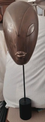 MCM Abstract Brass Woman's Alien Face Art Sculpture on Stand Balos 1970's 21'' T