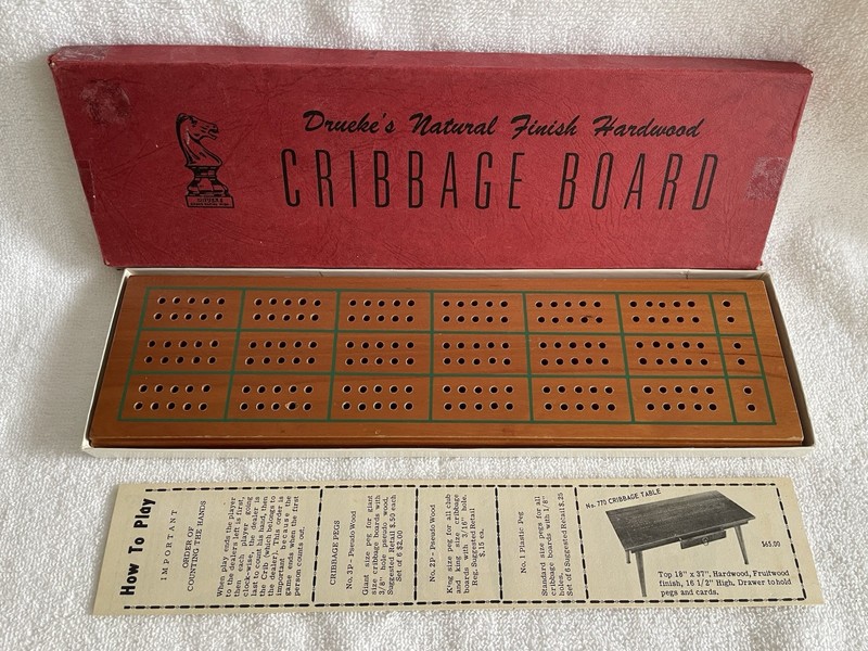 Vintage DRUEKE No. 28 Wood Cribbage Board with Original Box, Directions and Pegs