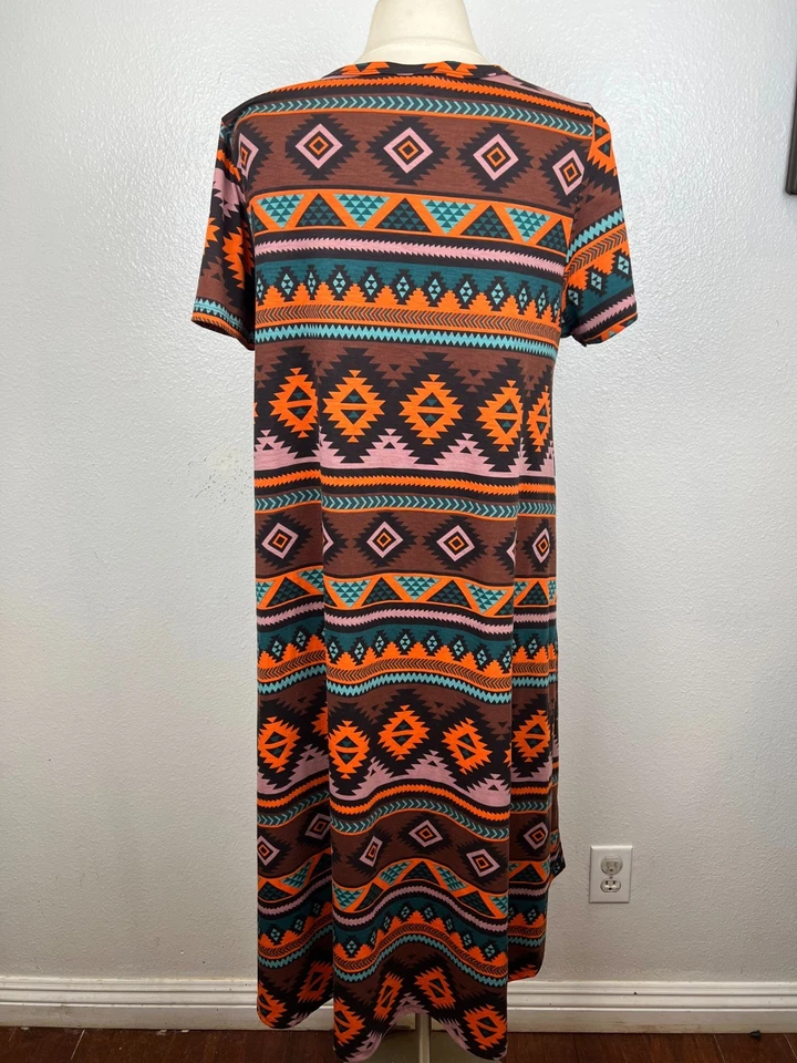 Платье LuLaRoe Carly оранжевое бирюзовое/коричневое с племенным принтом с высоким подолом размер XL - Изображение 3 из 4