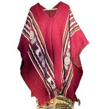 INCA MAKI Wool Cotton Burgundy Poncho Ecuadorian Alpaca Motif One Size