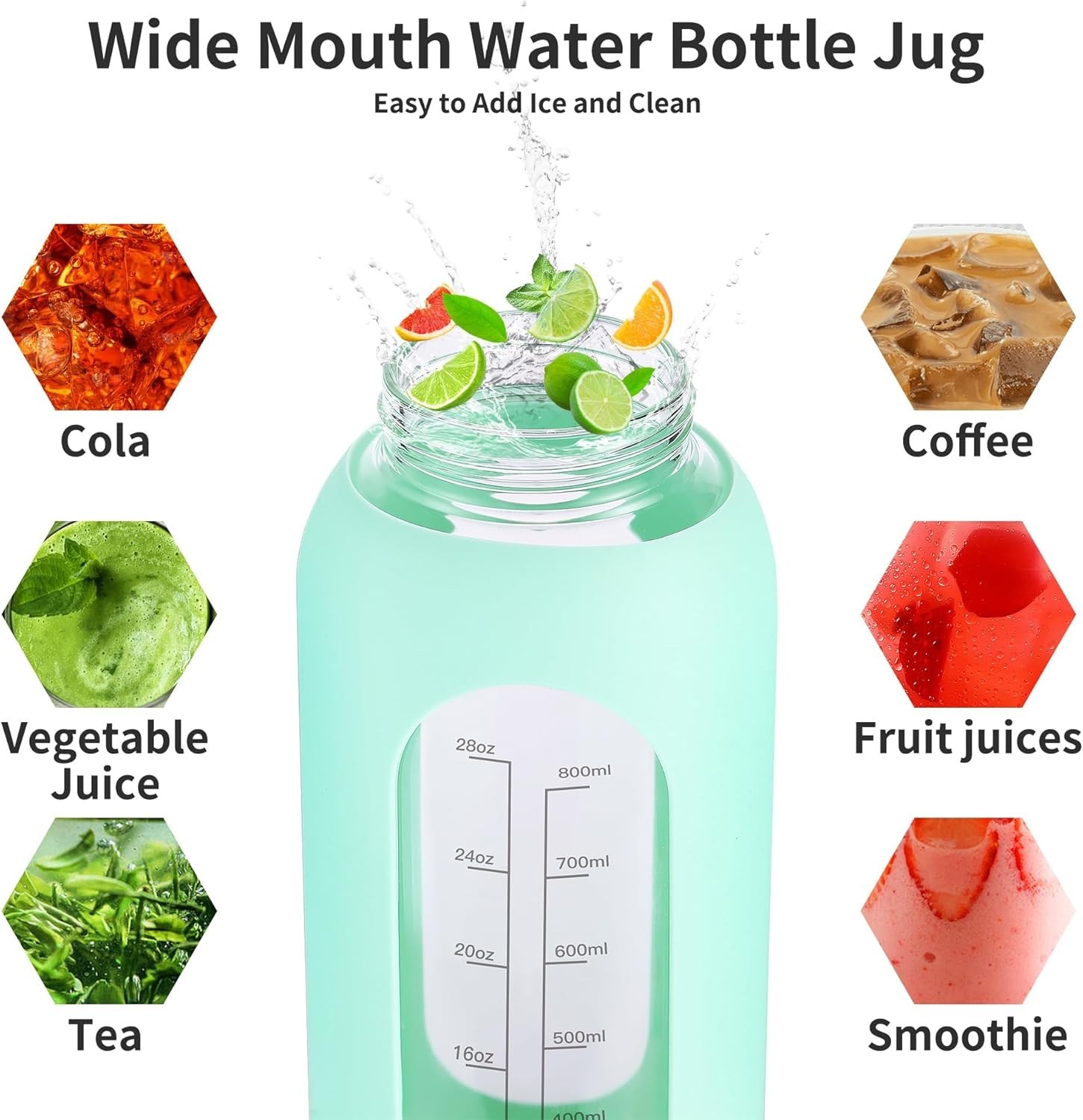 32 Oz Glass Water Bottle with Straw and Handle, Large Sports Motivational Water