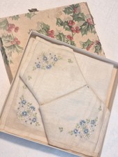 Lovely Vintage Boxed Set 3 Blue Floral Embroidered Corner Hankies