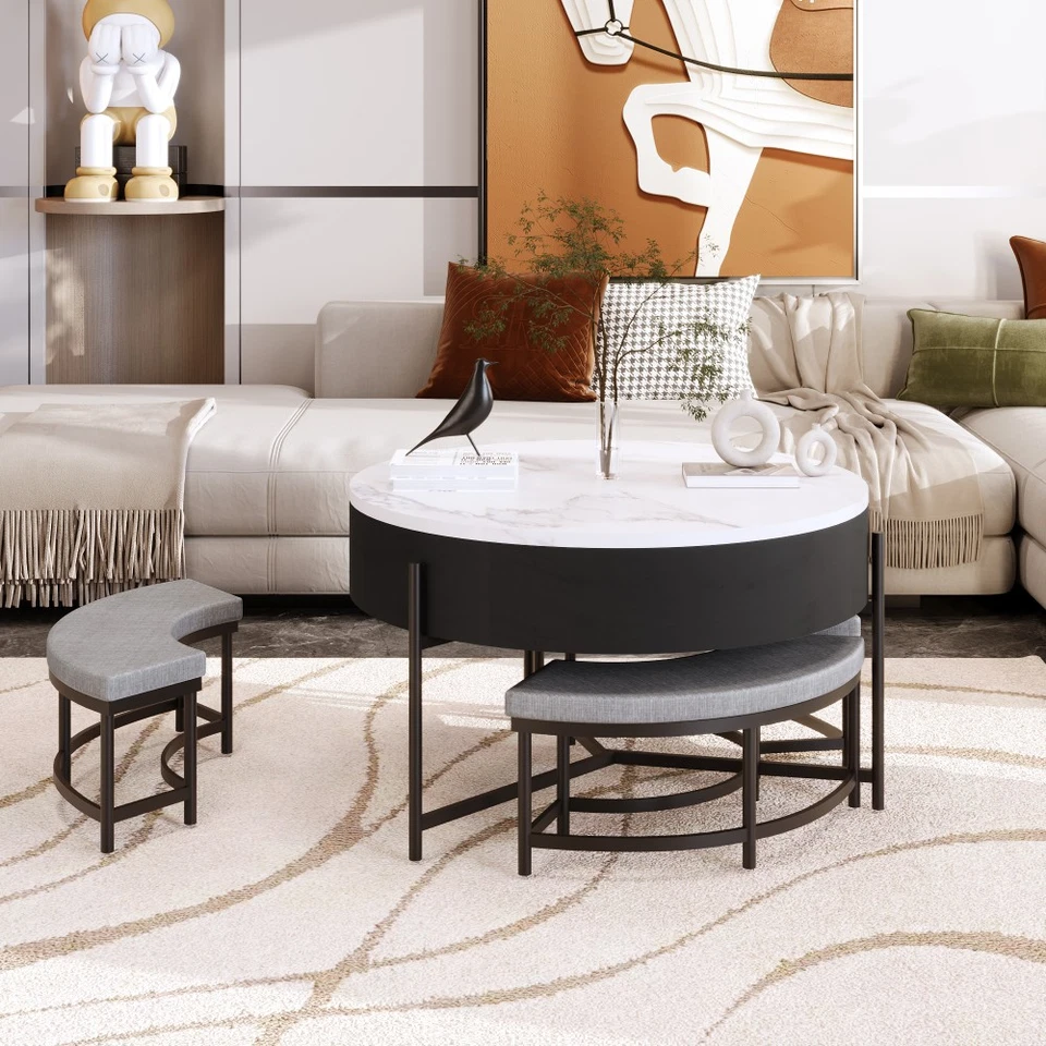 Modern Round Lift Top Coffee Table with Storage 3 Ottoman White and Black - Image 3 of 4