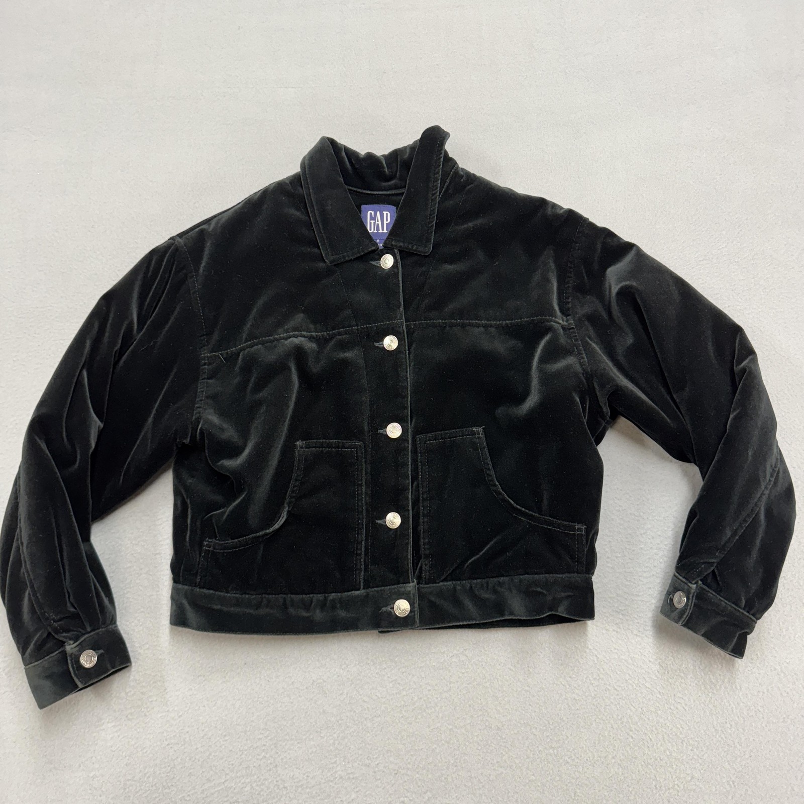 Vintage GAP Jacket Womens Small Black Velvet Quilted Lined Cropped Trucker 90s