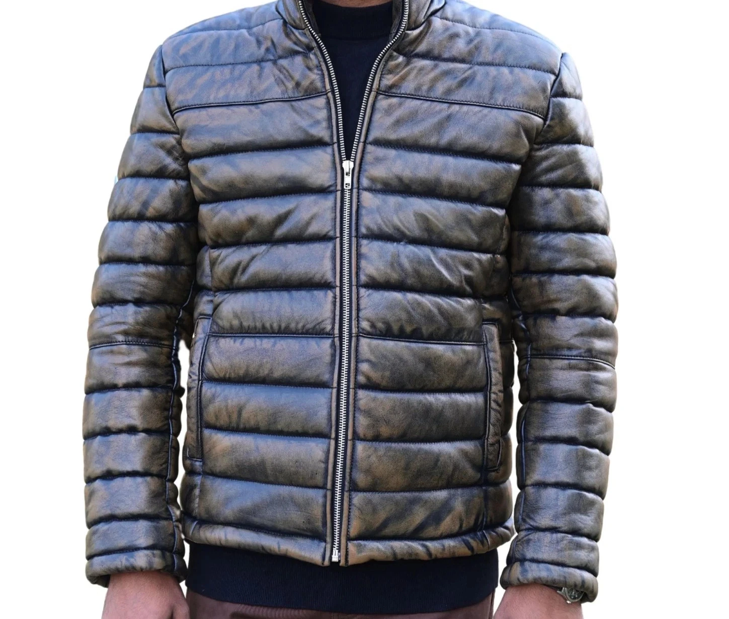 Men Genuine Lambskin Distressed Black Leather Puffer Down Padded Quilted Jacket