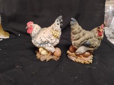 Pair Of Hen Figurines Sitting On Nests And Eggs And A Chick/ 2 Different...