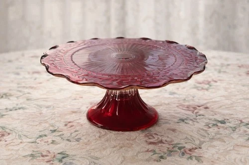 Vintage Ruby Red Depression Glass Pedestal Cake Stand – 1930s Laurel & Sunburst