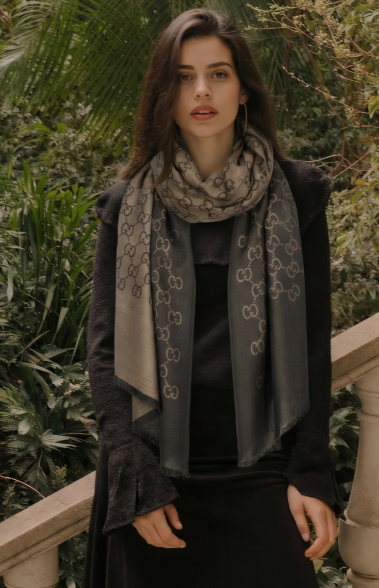 NWT Gucci GG Large Double Jacquard Wool-Silk Blend Brown Scarf
