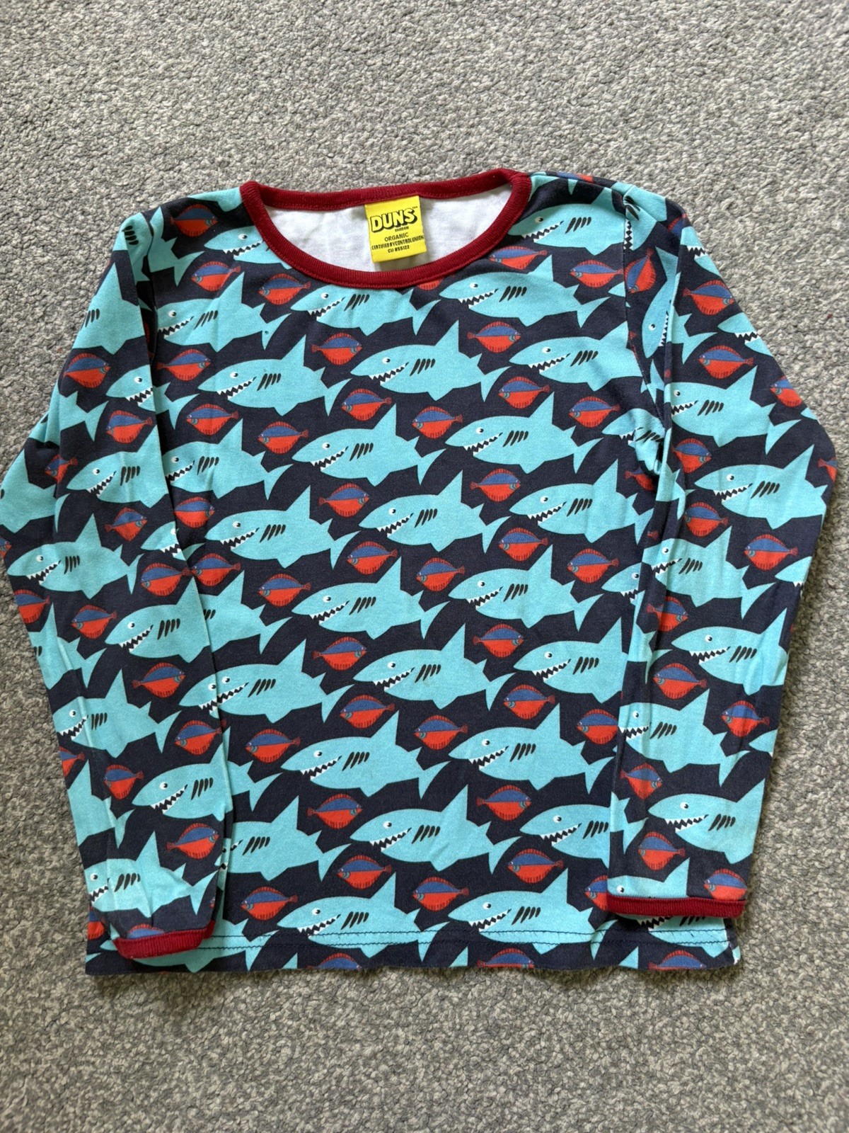 DUNS Sweden Organic Cotton shark fish blue longsleeved Top T-shirt 116 5-6 Years