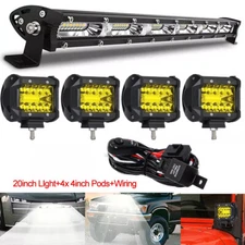 20Inch LED Light Bar Spot Flood Combo+4x 4"Amber Pods Fog Kit Offroad Jeep Truck