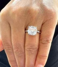 3Ct Cushion Cut VVS1 Moissanite Solitaire Engagement Ring 14K White Gold Plated