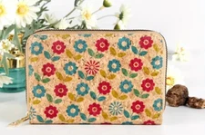 Cork Zip Around Wallet Floral Design Small to Medium Size SALE HELPS DOGS & CATS