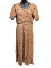 Select Camel Color Embroidered Flowers Fit/Flare Maxi Dress Size Small Tie Back