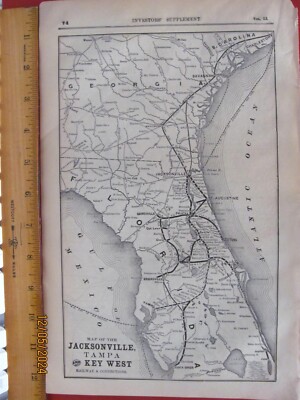 1890 JACKSONVILLE TAMPA & KEY WEST RAILROAD IOWA CENTRAL ORIG SYSTEM ROUTENKARTEN