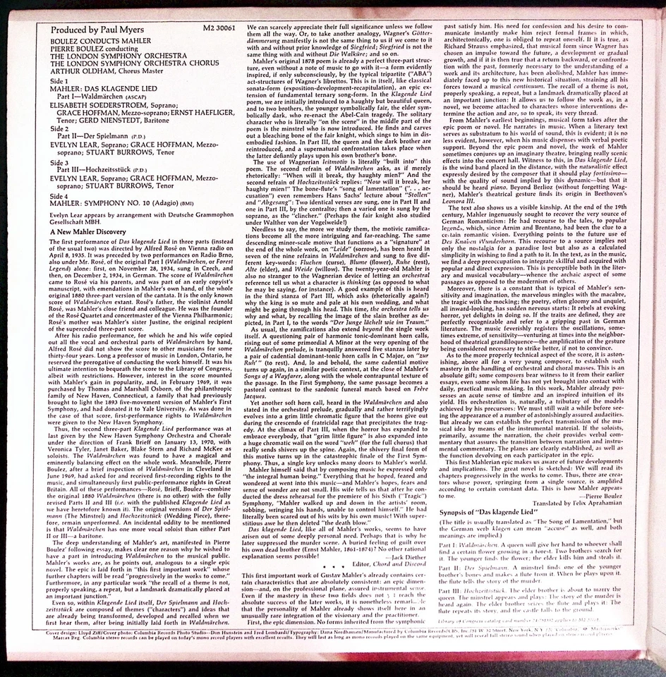 BOULEZ CONDUCTS MAHLER DAS KLAGENDE LIED COLUMBIA VINYL 2-LP SET 217-42 - Image 3 of 4