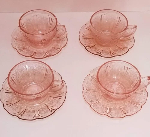 Depression Pink Set 4 Cup & Saucers Cherry Blossom PERFECT Jeannette
