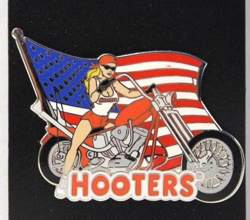 HOOTERS CHICK DAYTONA BEACH FL BIKE WEEK MOTORCYCLE CHOPPER AMERICAN FLAG PIN 