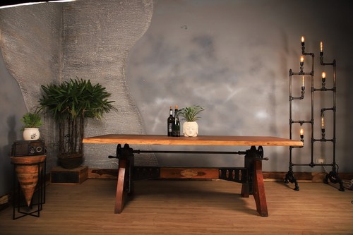 Industrial Table Dining Steampunk Crank Table Live Edge Top Height Adjustable - Picture 3 of 4