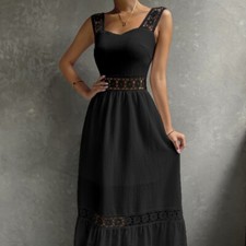 Lace Shoulder Strap Patchwork Slim Fit Solid Color Sleeveless Hollow Out Dress