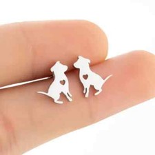 Dog Stud Silver Earrings with Heart, Dog Love Pet, Great Gift, Animal Lover