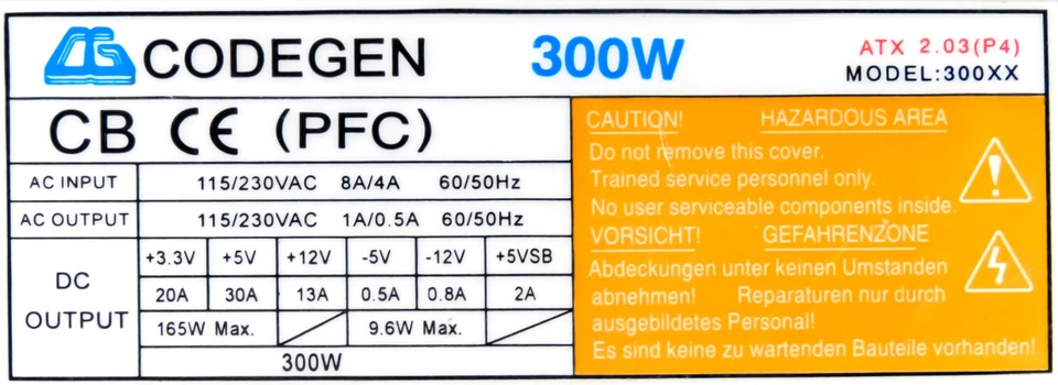 CODEGEN 300XX 300W ATX 20-PIN ATX12V 4-PIN MOLEX AUX FDD - Immagine 3 di 3