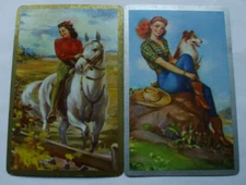 2 Single Vintage Swap Playing Cards Lovely Ladies On Horseback With Dog Pair