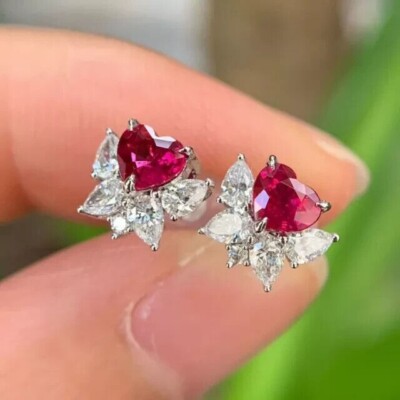 925 Silver Heart Cut Simulated Pink Ruby Stud Earrings In 14k White Gold Plated