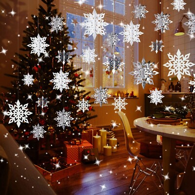 24Pcs Christmas Hanging Snowflake Decorations, 3D Snowflake Ornaments with 3 ...