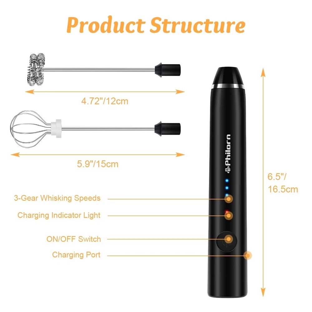 Milk Frother Handheld Rechargeable Coffee Frother - Frother Wand with 2 Heads...