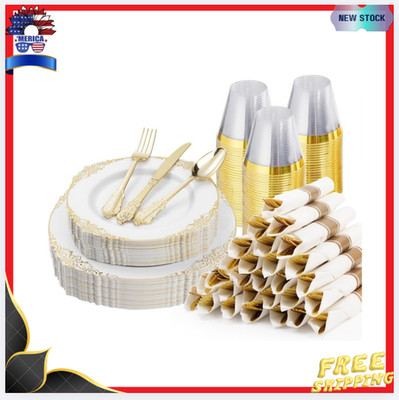 New 175PCS Gold Plastic Dinnerware Set for 25 Guests