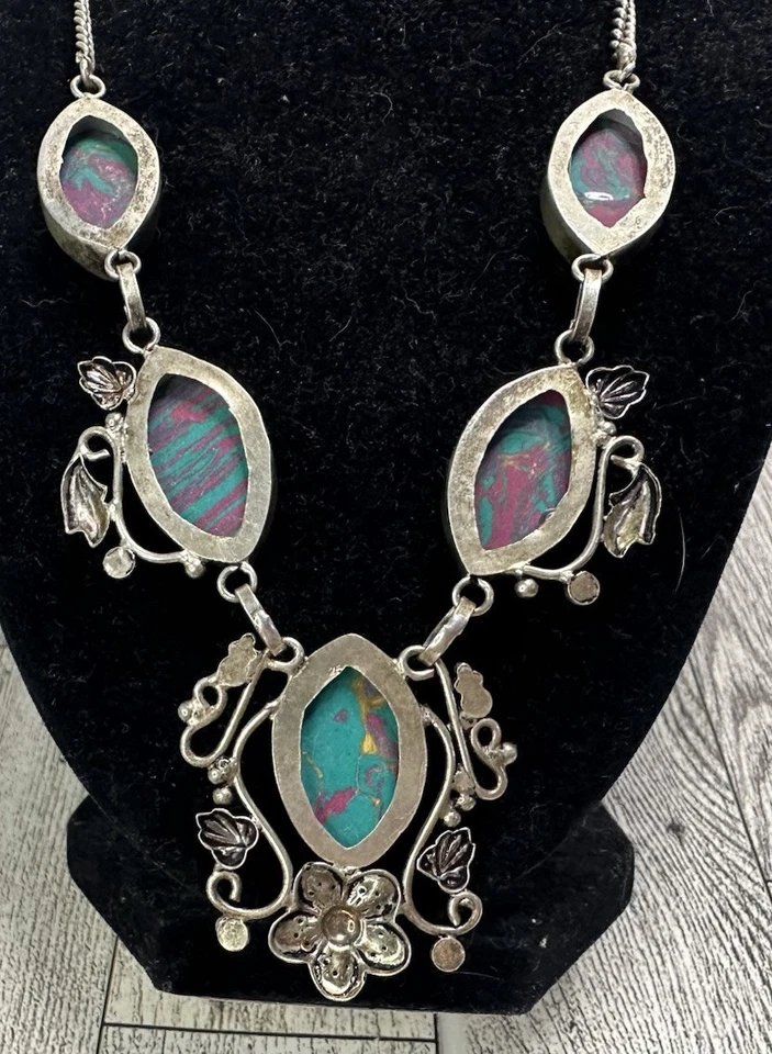 Collar Arco Iris Calsilica Jaspe 925 Chapado en Plata Hecho a Mano Floral Y de 22" Foto 3 de 4