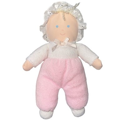 Eden Pink White Doll Terry Cloth Blue Eyes Bonnet Lace Soft Plush 10  Vintage