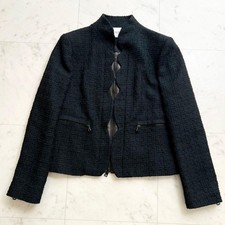 VALENTINO Jacket Size 8 Black Tweed Zip Up Scalloped Design 54.5cm Length
