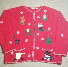 Vtg Croft  Barrow Christmas Cardigan Sweater Santa Reindeer Snowman 90s Sz XL
