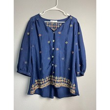 Figueroa  Flower Navy Blue Embroidered Button Front Blouse with Camisole Large