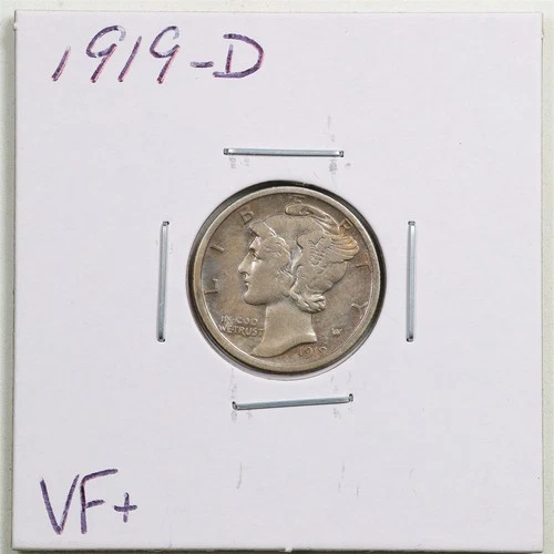 1919-D 10C Mercury Winged Liberty Silver Dime in VF+ Condition #6225