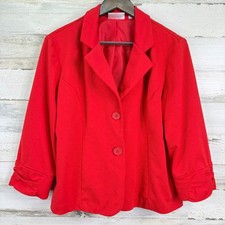 Dressbarn Red Blazer Women's Size L 3/4 Sleeve Ruched Cuff Button Front