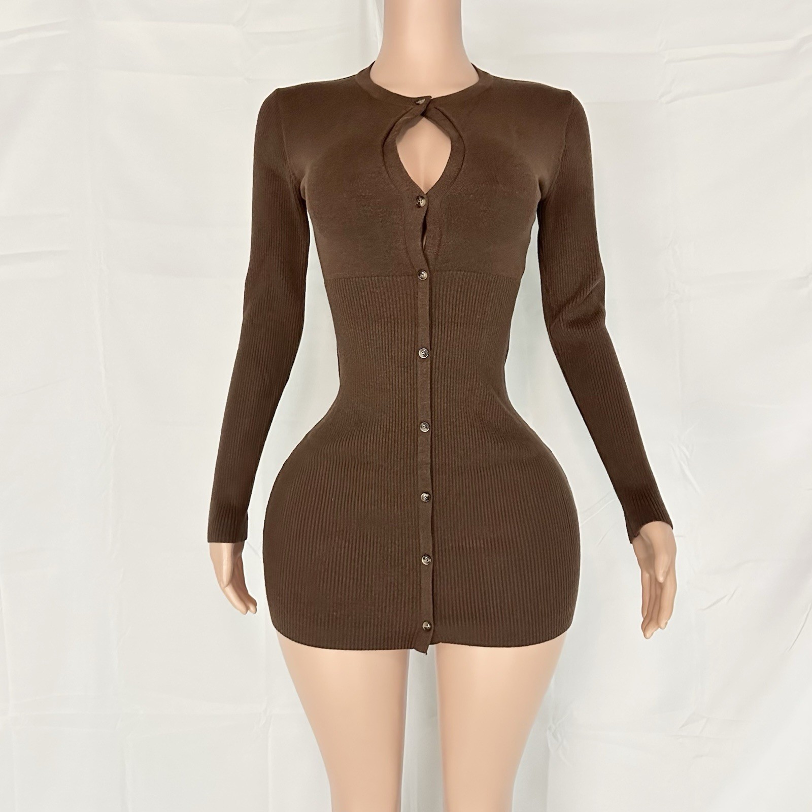 Solid Brown Long Sleeves Button Up Mini Bodycon D… - image 1