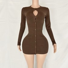 Solid Brown Long Sleeves Button Up Mini Bodycon Dress With Keyhole Detail
