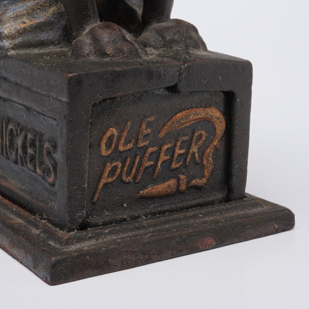 Ole Puffer Bull Dog Cigar Vtg Cast Iron Mechanical Piggy Money Coin Bank Works