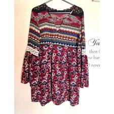 Entro Burgundy Floral Paisley Bell Sleeve Boho Mini Dress Crochet Lace Festival