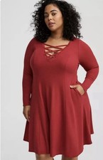 TORRID 1X RED Mini Waffle Long Sleeve Lace Up Neck Fit N Flare Dress Pockets
