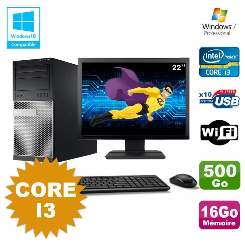 Lot PC Tour Dell 790 Intel Core I3 3.1Ghz 16Go 500Go DVD WIFI Win 7 + Ecran 22" - Photo 1/1