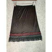 Vintage 1970s Half Slip Women Small Black Red Lace Trim Pleated Hem Sz Small