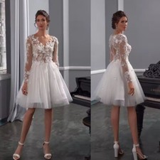 Short Wedding Dress Sweetheart Organza Lace Appliques Long Sleeve V-NecK Custom