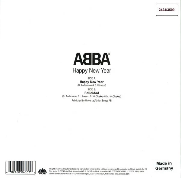 ABBA ~ HAPPY NEW YEAR 2025 ~ LIMITED EDITION WHITE COLOR VINYL 7" 45rpm NUMBERED - Image 4 of 4